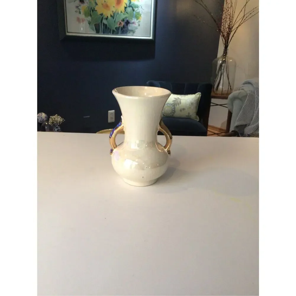Pioneer Pottery USA 6 Inch Lusterware Vase Double Handle Warranted 22K Gold